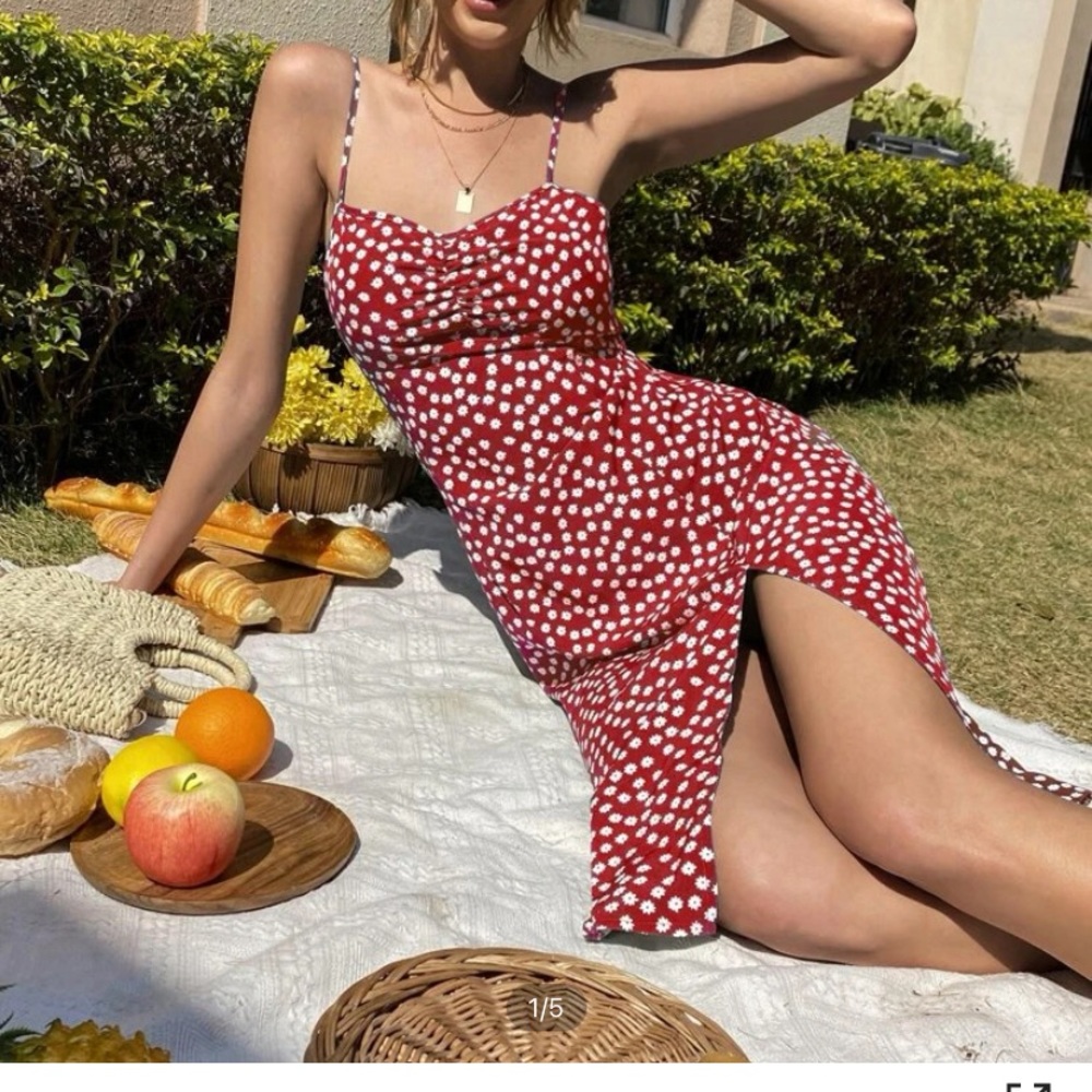 Red cami dress with split